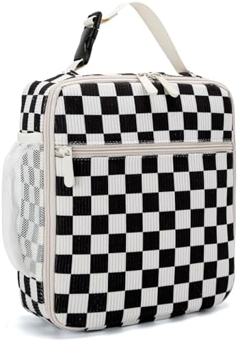 Lunch Box for Women Men Adult Insulated Lunch Bag Women Men Small Reusable Lunchbox for Work Picnic Travel (Black-White Plaid)