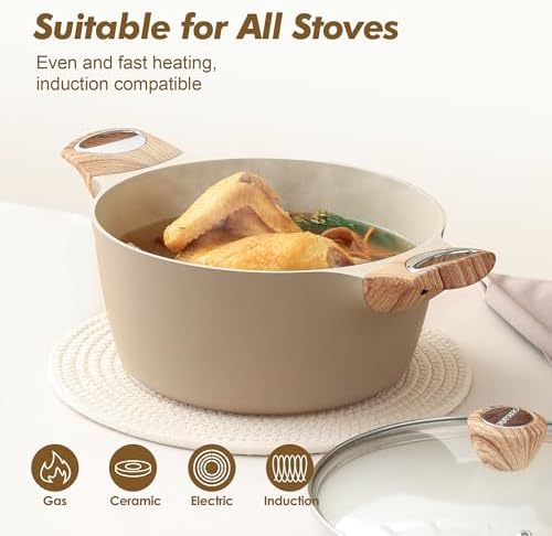 SENSARTE Ceramic Nonstick Stock Pot with Lid, 2.6/4.5/6.6/8.5/11 QT Soup Pot Casserole Pot, Non-toxic Healthy Pasta Pot, Large Cooking Pot Stew Pot, Induction Compatible, PFOA PFAS PTFE Free, Taupe