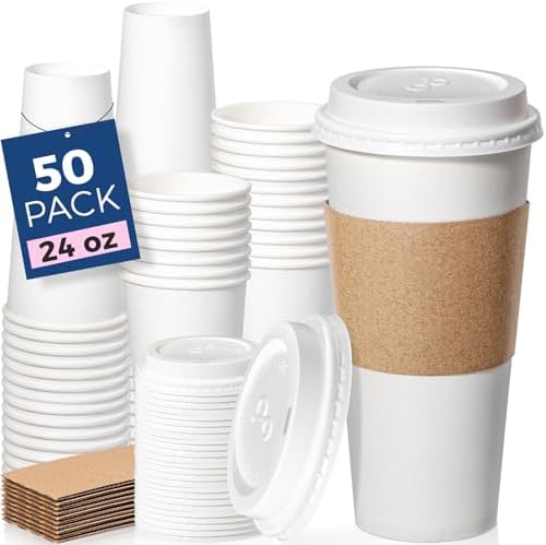 Fit Meal Prep 50 Pack 24 oz Disposable Coffee Cups with Lids, Sleeves, Leak-Proof To Go Coffee Cups with Lids, Durable Hot Paper Cups for Home, Office, Party, Business