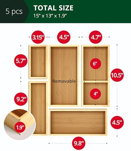 ROYAL CRAFT WOOD 5-Piece Bamboo Drawer Organizer Set – Multi-Use Storage Trays for Kitchen, Bathroom, Office, Makeup, Jewelry & More – Junk Drawer Tray, Utensil Holder, Storage Box & Bin Set (5 Boxes)