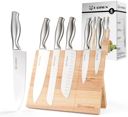Kitchen Knife Set, 6-Piece German Steel Knife Set with Wood Magnetic Knife Holder Block Professional Chef's Knife with Sharp Blades and Hollow Handle