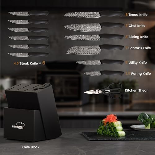 Amorston Knife Set, 15-Piece Kitchen Knife Set with Built-in Sharpener Block, German High-Carbon Stainless Steel, Dishwasher Safe, for Home Cooks and Everyday Meal Prep