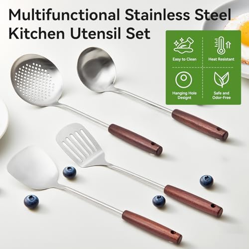WANGYUANJI 4-Piece Wok Spatula and Ladle Set, Heavy Duty 304 Stainless Steel Kitchen Utensils with Heat Resistant Wooden Handle, Long Metal Turner & Skimmer for Carbon Steel Wok & Cast Iron Skillet