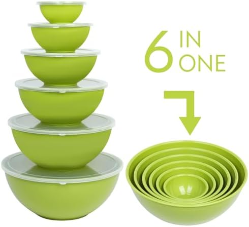 BoxedHome BPA Free Plastic Round Mixing Bowl with Lids, 12 Pack Nesting Bowls with Lids Set, Microwave and Dishwasher Safe Prep & Serving Bowls Great for Mixing, Baking, Serving (Light Green, 12pcs)