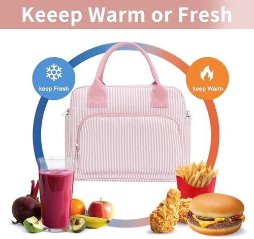 Lunch Bag Women Lunch Box for Women Adult Cute Insulated Lunch Bag Lager Cooler Lunch Tote Bags for Work Picnic (Pink Stripes)