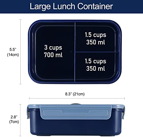 Caperci Classic Bento Box Adult Lunch Box for Older Kids - Leakpoof 47 oz 3-Compartment Containers for Adults and Teens, Built-in Utensil Set, Ideal for On-the-Go Balanced Eating, Navy Blue