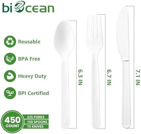 450 Counts Compostable Forks Spoons Knives Set Disposable Forks Utensils Heavy Duty Silverware Eco Friendly Flatware for Party Camping Picnics White forks spoons and knives set