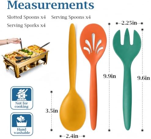 Reusable Plastic Salad Serving Utensils of 12, 10" Wheat Straw Large Salad Server Set Spoons/Slotted Spoons/Sporks, for Party Buffet Catering (Orange/Blue/Yellow/Green, Not for Cooking)