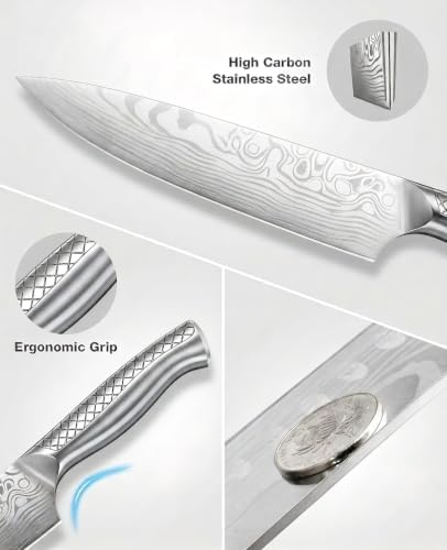 MOSFiATA Kitchen Knife Set 7 PCS with Foldable Roll Bag, Pro Stainless Steel 5Cr13MoV Ultra Sharp Santoku Knives with Honing Rod, Dishwasher Safe butcher Knife Set for Cooking Outdoor Travel