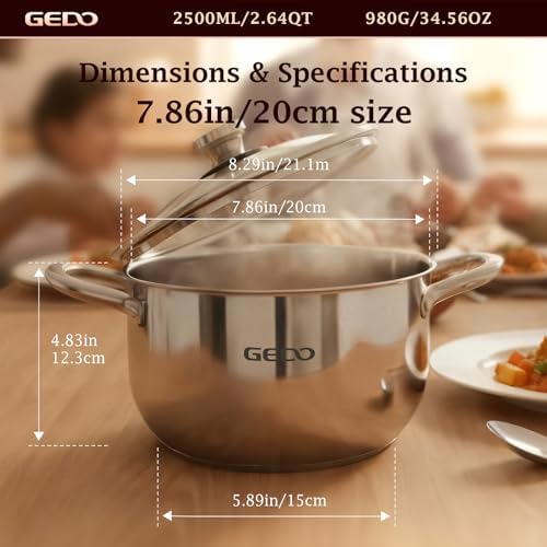 GEDO Stainless Steel Stock Pot with Glass Lid, 304 Grade Premium Soup Pot, Silver, Double Handle, for Kitchen Cooking (7.86in/20cm size)