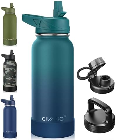 CIVAGO 32 oz Insulated Stainless Steel Water Bottle With Straw and 3 Lids