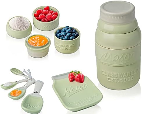 Comfify Green Mason Jar Measuring Set – 4 Cups, 4 Spoons, Spoon Rest