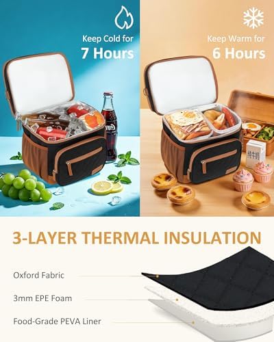 CAMTOP Lunch Box for Women Men Insulated Lunch Bag Lunch Tote Bag Leakproof Thermal Cooler Large Capacity for Travel Work School Picnic (Black Brown - 2 Deck, XX Large - 2 Deck)