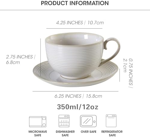 12Oz Coffee Cups with Saucers, Ceramic Cappuccino Cups Set of 4, Cappuccino Mugs Set, Tea Mugs and Saucer, Large Coffee Cup for Espresso, Latte, Microwave Dishwasher Safe Drinkware