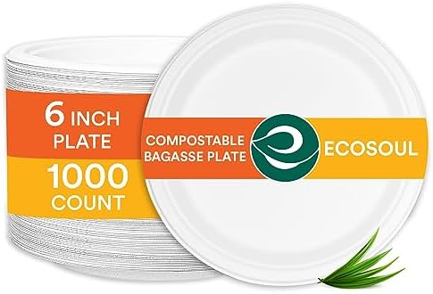 ECO SOUL 6 Inch Disposable Bagasse Paper Plates (1000 Pack, Round)