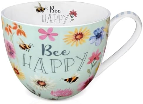 20 oz Bees & Flowers Coffee Hug Mug,“Be Happy” Designed to Spread Joy, Premium Bone China, Best Gifts for Mom Women Mothers Day, Designed in England by Harvest Green Studio