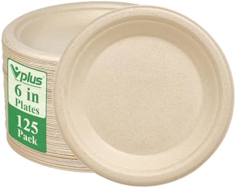 Vplus 125 Pack Compostable Bagasse Paper Plates 6 inch, Nature