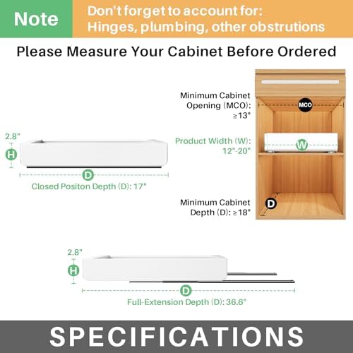 Pull out Cabinet Organizer, Expandable(12"-20") Heavy Duty Slide out Drawers Fixed with Adhesive Nano Film for Pots, Roll out Shelf Storage for Kitchen Base Cabinet, Pantry, Bathroom(2-Pack)