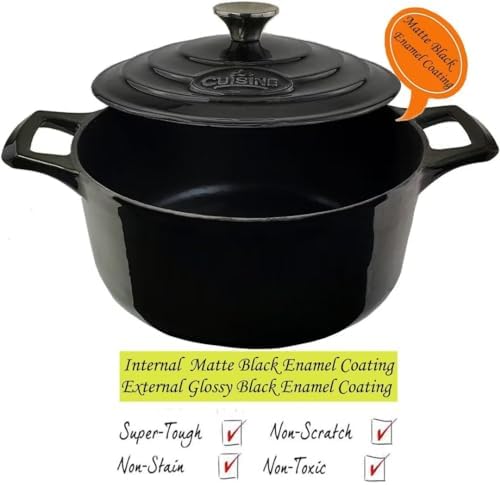 La Cuisine Enameled Cast Iron Dutch Oven Casserole Pot with Lid, Internal Matte Black Enamel Coating 5 QT 10.5" / 26cm Ø For GalssTop Stove, Oven-Safe 550°F/276°C Glossy Black