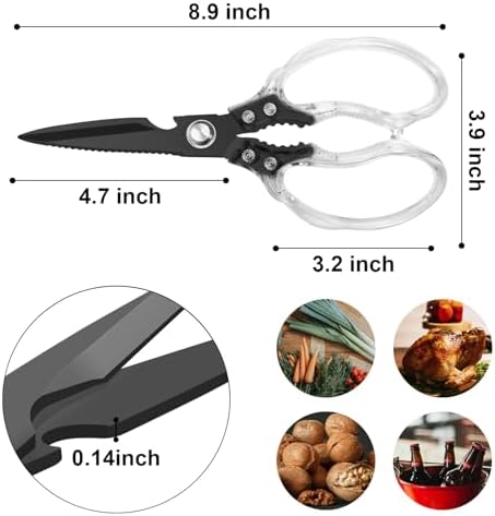 CGBE Kitchen Scissors, Multi-Purpose Kitchen Shears, Heavy Duty Food Scissors for Chicken, Poultry, Fish, Meat & Herbs with Non-Slip Grips (Transparent Black)