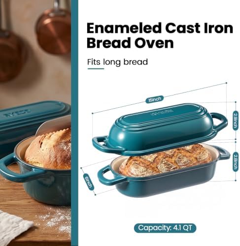 Oval Dutch Oven for Bread Baking,Enameled Cast Iron Bread Pan(4.1QT,Teal)