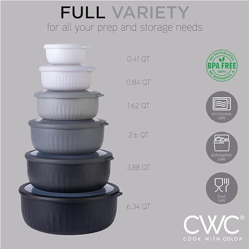 COOK WITH COLOR Prep Bowls with Lids- Wide and Deep Nesting Plastic Small Mixing Bowl Set with Lids, 12 Piece Set - Wide Bowls, Black/White