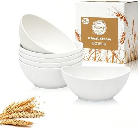 Soup Bowls Sets of 6, Unbreakable Wheat Straw Bowls 26oz - White
