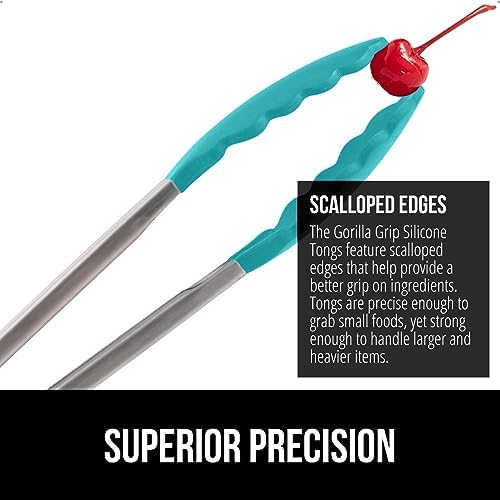 GORILLA GRIP Stainless Steel Kitchen Tongs for Cooking, 2 PK, Turquoise