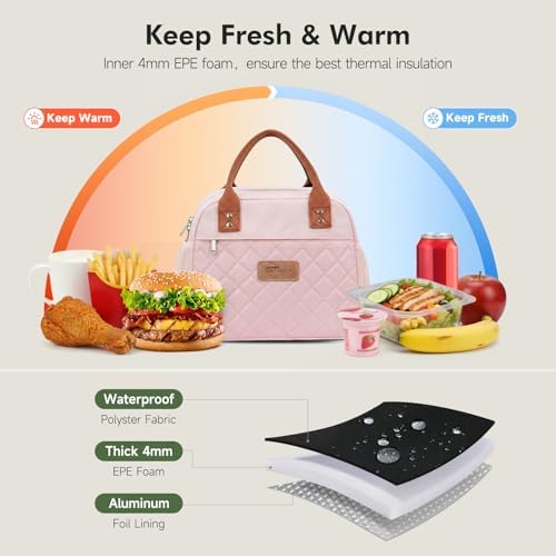 HOMESPON Insulated Lunch Bag for Women Men, Cooler Tote Box, Pink