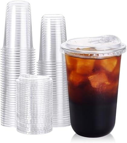 Turbo Bee 16oz Plastic Cups with Lids, 100 Pack, Iced Coffee Cups with Lids