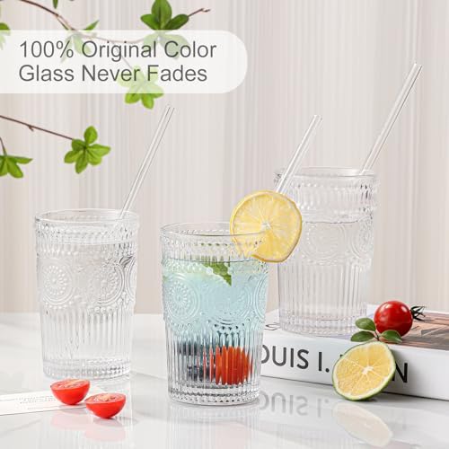 ZMOWIPDL Drinking Glasses Set of 6,13oz Flower Design Clear Glass Cups