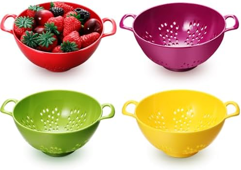 Baderke 4 Pack Mini Colander for Kitchen Plastic Berry Strainer with Double Handles 7.5 x 6 x 3 Inch Small Colander Strainer for Fruits Vegetables Food (Lemon Yellow,Green,Purple,Red)