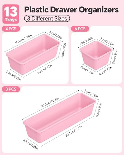Canfanni 13 Pack Plastic Drawer Organizers Set, 3 Sizes Desk Drawer Organizer Trays for Vanity and Makeup Organizer, Organization and Storage for Makeup, Kitchen Utensils, Bathroom and Office(Pink)