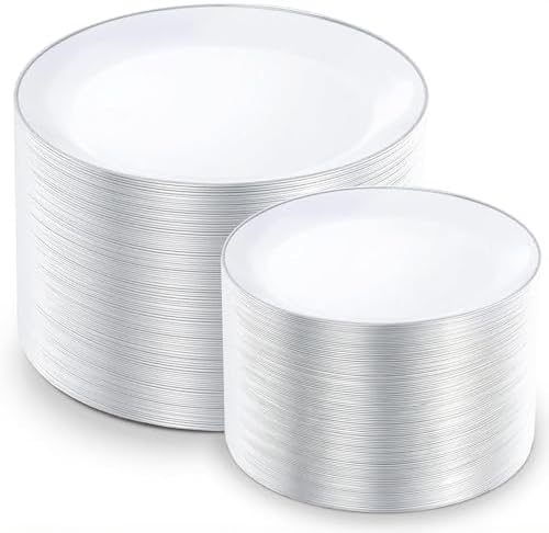 KIRE 200PCS Silver Plastic Plates - White Plastic Plates with Silver Rim Include 100 Dinner Plate and 100 for Dessert/Salad Plate for Birthday/Wedding/Party