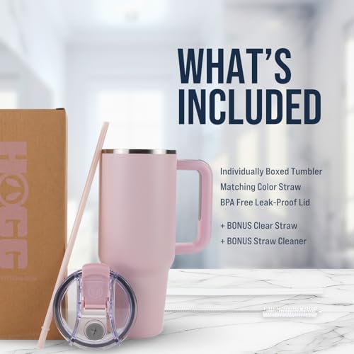 Hogg Big Swig 40oz Tumbler with Handle and Straw - Light Pink, 40 oz Tumbler, Insulated Cup with Handle, 40oz Water Bottle with Straw, Thermal Cups, Leak Proof Lid, Travel Mugs, Stainless Steel