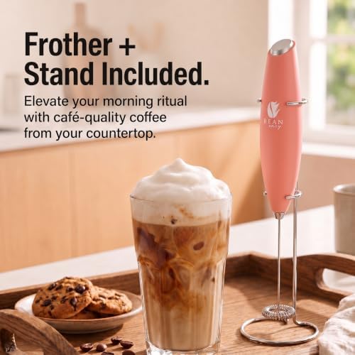 Bean Envy Milk Frother Handheld - Coffee Mixer Wand with Stand - Rose Pink