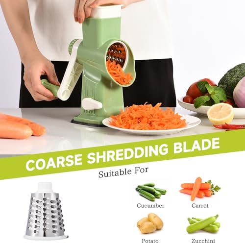 Rotary Cheese Grater Hand Crank Transparent - Shredder Slicer Grinder 3 Stainless Steel Blades, Stable Suction, Labor-Saving Handle, Safe Kitchen Tool for Cheese, Vegetable, Nuts, Chocolate
