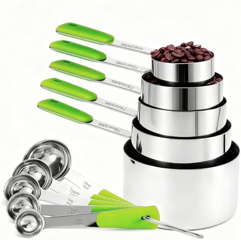 Bopei 10-Pcs Stainless Steel Measuring Cups & Spoons Set, Green Handles