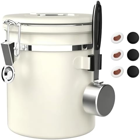 ShanSon Coffee Canister Airtight, Stainless Steel Bean Storage Container with Date Tracker & Scoop, Grounds Sugar Flour Tea Cereal Fits Kitchen Pantry, Ideal Gift for Coffee Lovers,16oz,Beige