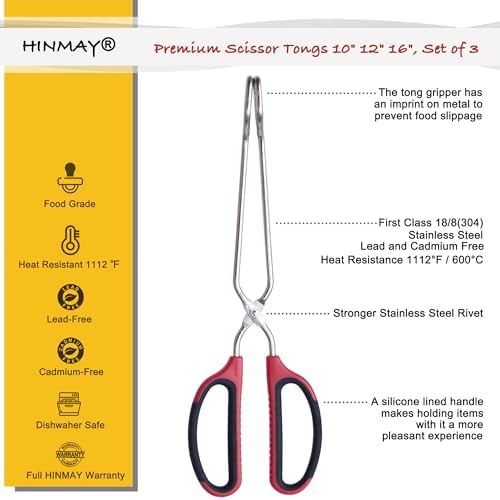 HINMAY Stainless Steel Kitchen Scissor Tongs Set, Set of 3 (10/12/16 Inch)