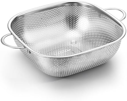 E-far 4QT Square Stainless Steel Colander, Metal Strainer with Handle