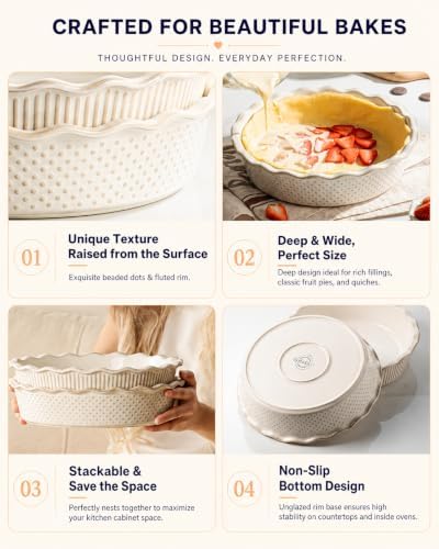getstar Ceramic Deep Pie Pan Set of 2, 9 inch Pie Dish for Baking, Non-Stick, Oven & Dishwasher Safe, Farmhouse Decor Quiche Baking Dish, Pie Plate, Deep Dish Pie Pan