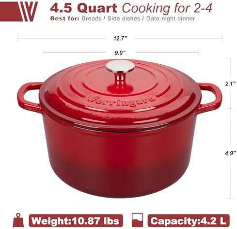 VORRINGARD Enameled Cast Iron Dutch Oven Pot with Lid, for Sourdough Bread Baking, Round Dutch Ovens, 4.5 Quart, Red