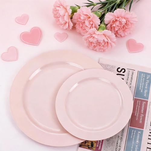 FLOWERCAT 100PCS Pink Plastic Plates - Heavy Duty Pink Party set Disposable serve for 50 guests -10 inch Dinner + 7 inch Dessert/Salad Plates for Easter,Birthday Party,Mother's Day