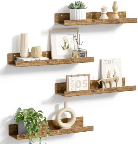 upsimples 4 Pcs 15" Acrylic Shelves for Wall Decor and Display, Rustic Wood
