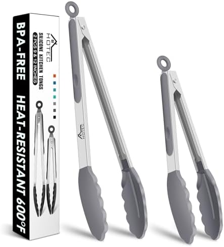 HOTEC Premium Stainless Steel Locking Kitchen Tongs with Silicon Tips, Set of 2-9" and 12" Light Grey