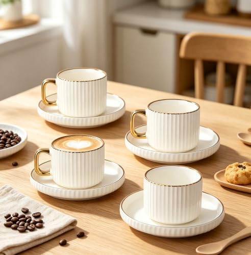 Ceramic Tea Cups Coffee Cup and Saucers Set of 4 (White)