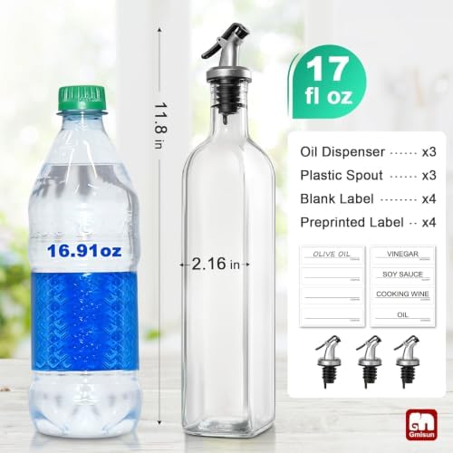 gmisun Olive Oil Dispenser Bottle for Kitchen, 3 Pack 17 Fl Oz Glass Oil Dispensers Bottles, Clear Cooking Vegetable Oil Dispenser Container Cruet Set with Plastic Pourer Spout, Funnel and Labels