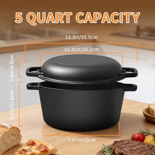 Pre-Seasoned Cast Iron Dutch Oven for Bread Baking - incl. Sourdough Bread-Baking Supplies like Proofing Basket, 2-in-1 Dutch Oven Pot with Skillet Lid and Dual Handles, Sour Dough Tools, Lame, 5QT