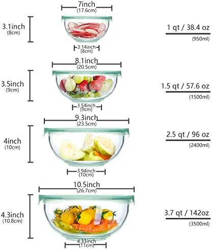 WhiteRhino Glass Mixing Bowl with Lids Set of 4,(1qt,1.5qt,2.5qt,3.7qt) Large Salad Bowl,Space-Saving Stacking Bowl for Kitchen Food Storage,Glass bowl for Cooking,Baking